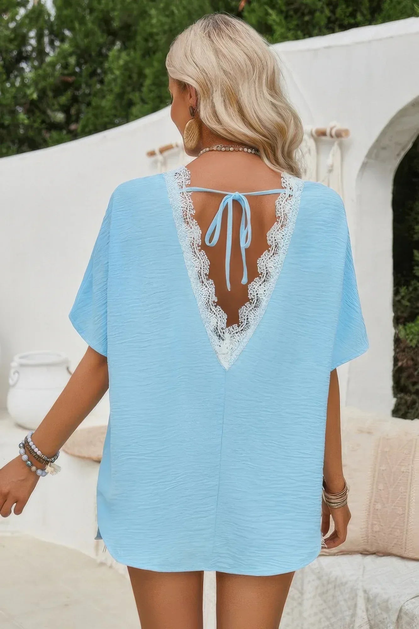 Knot Back Open Back Lace Trim Solid Loose Fit Top | Mixtshop LLC