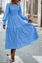 Solid Round Neck Puff Long Sleeve Midi Dress | Mixtshop LLC