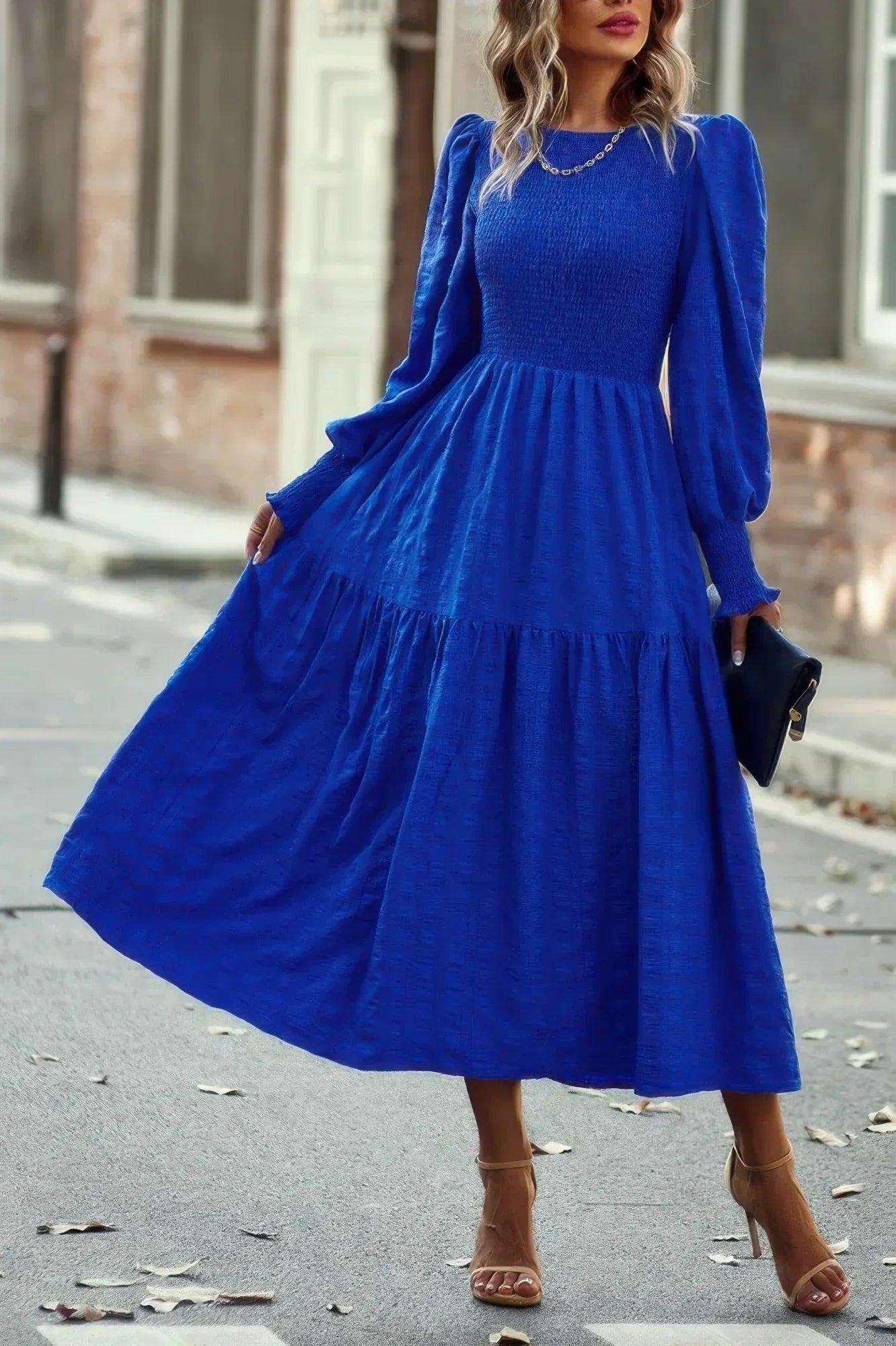 Solid Round Neck Puff Long Sleeve Midi Dress Secondary image