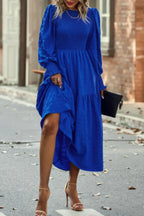Solid Round Neck Puff Long Sleeve Midi Dress | Mixtshop LLC
