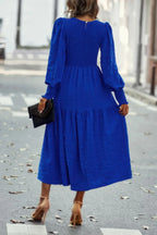 Solid Round Neck Puff Long Sleeve Midi Dress | Mixtshop LLC