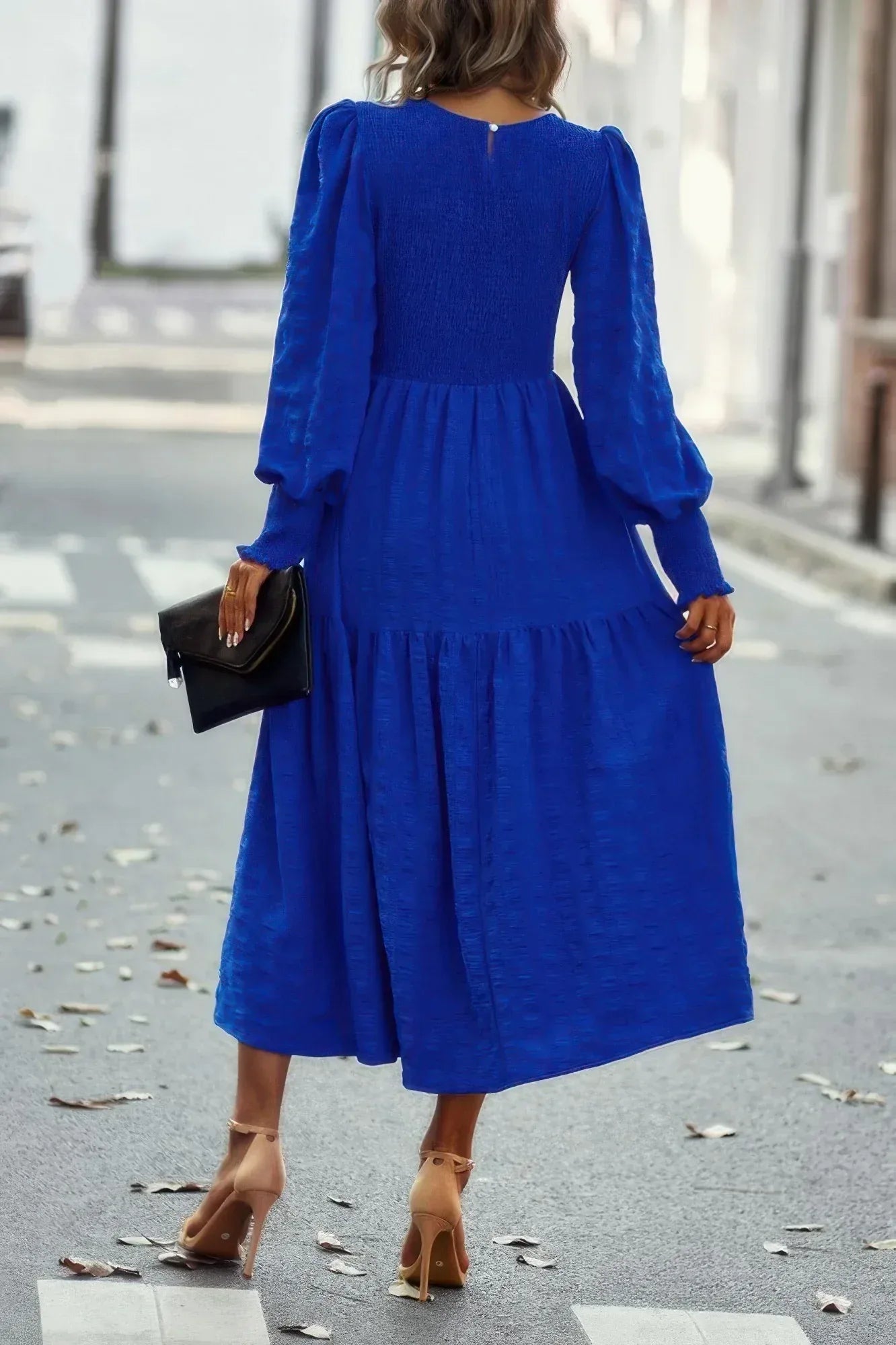 Solid Round Neck Puff Long Sleeve Midi Dress | Mixtshop LLC