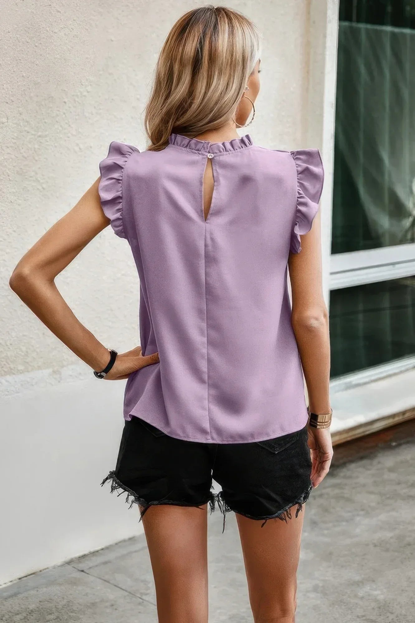 Striped Solid Cap Sleeve Ruffle Neck Tunic Shirts | Mixtshop LLC
