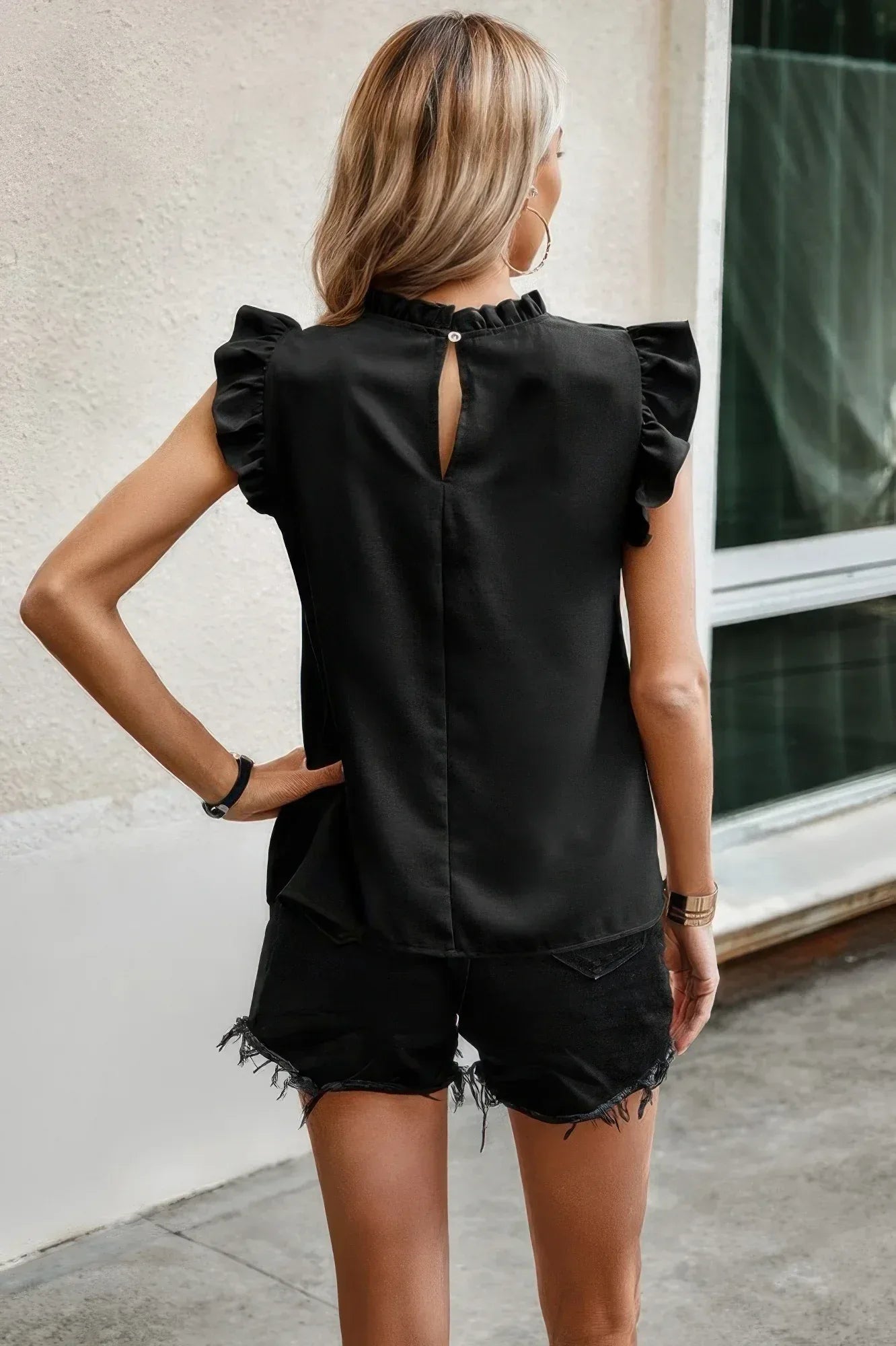 Striped Solid Cap Sleeve Ruffle Neck Tunic Shirts | Mixtshop LLC