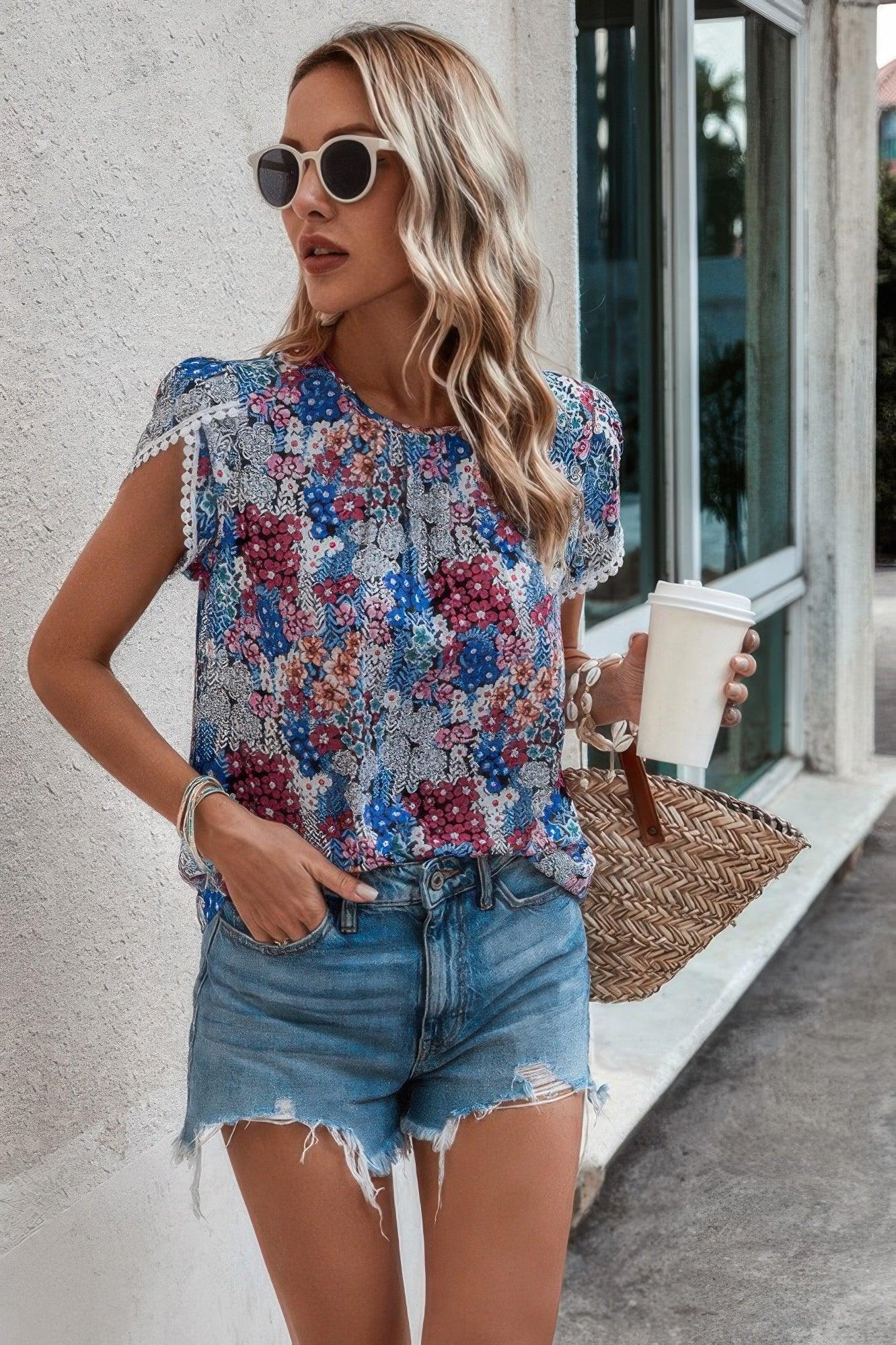 Floral Round Neck Lace Trimmed Fit Blouse | Mixtshop LLC