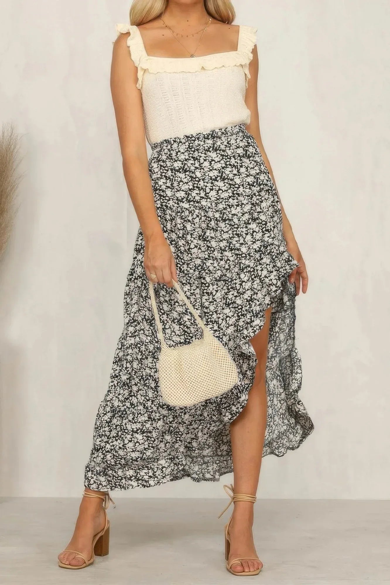 Boho Floral Print Midi Skirt Casual Side Slit Skirt | Mixtshop LLC Main image