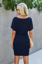 Boat Neck One-shoulder Short Sleeves Tie Dress | Mixtshop LLC