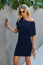 Boat Neck One-shoulder Short Sleeves Tie Dress | Mixtshop LLC