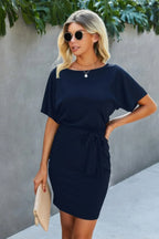 Boat Neck One-shoulder Short Sleeves Tie Dress | Mixtshop LLC