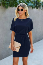 Boat Neck One-shoulder Short Sleeves Tie Dress | Mixtshop LLC