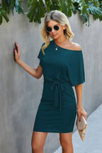 Boat Neck One-shoulder Short Sleeves Tie Dress | Mixtshop LLC