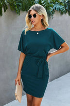 Boat Neck One-shoulder Short Sleeves Tie Dress | Mixtshop LLC