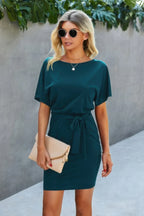 Boat Neck One-shoulder Short Sleeves Tie Dress | Mixtshop LLC