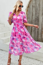 Floral V Neck Puffed Sleeve High Waist Dress | Mixtshop LLC