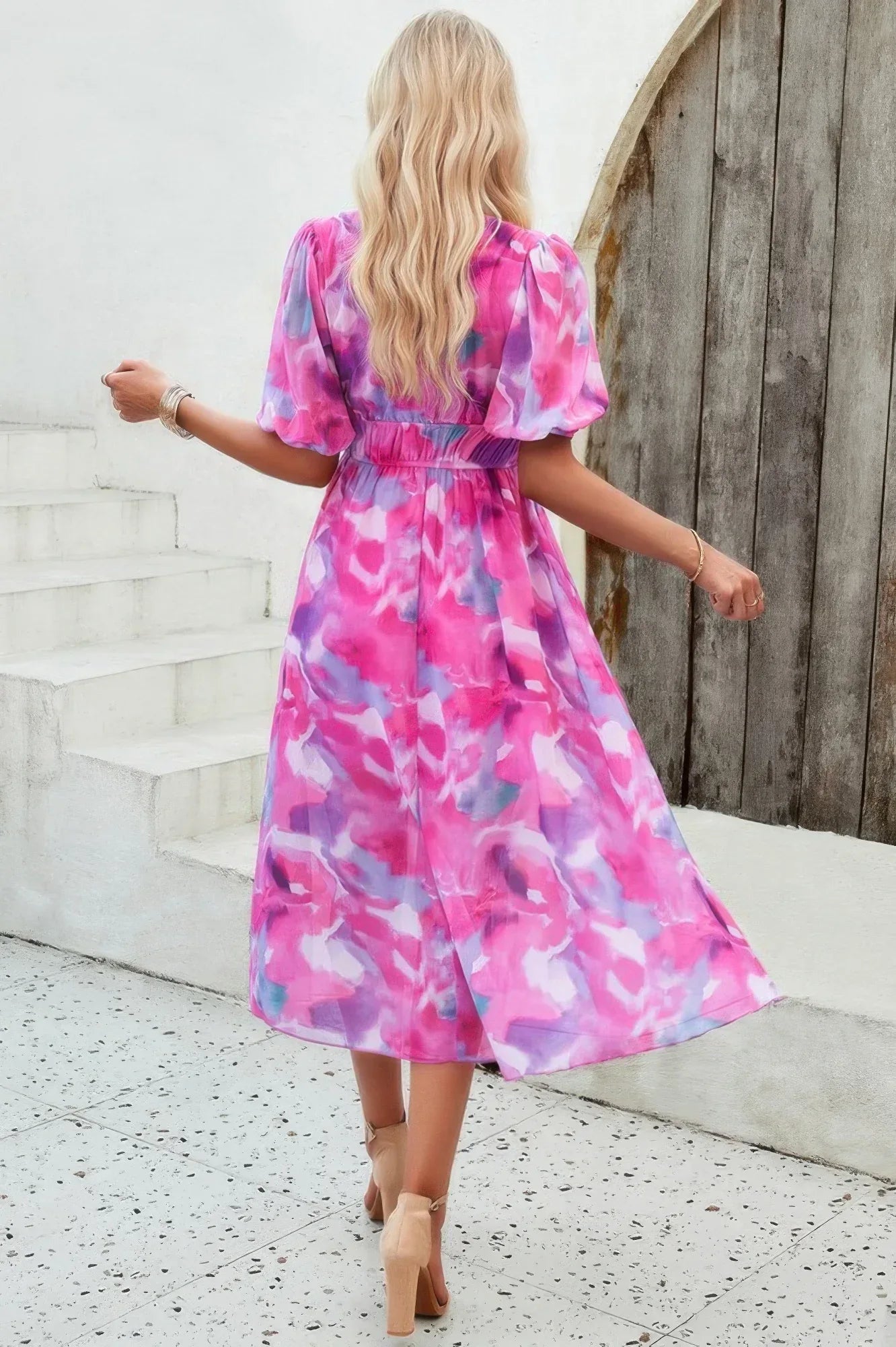 Floral V Neck Puffed Sleeve High Waist Dress | Mixtshop LLC