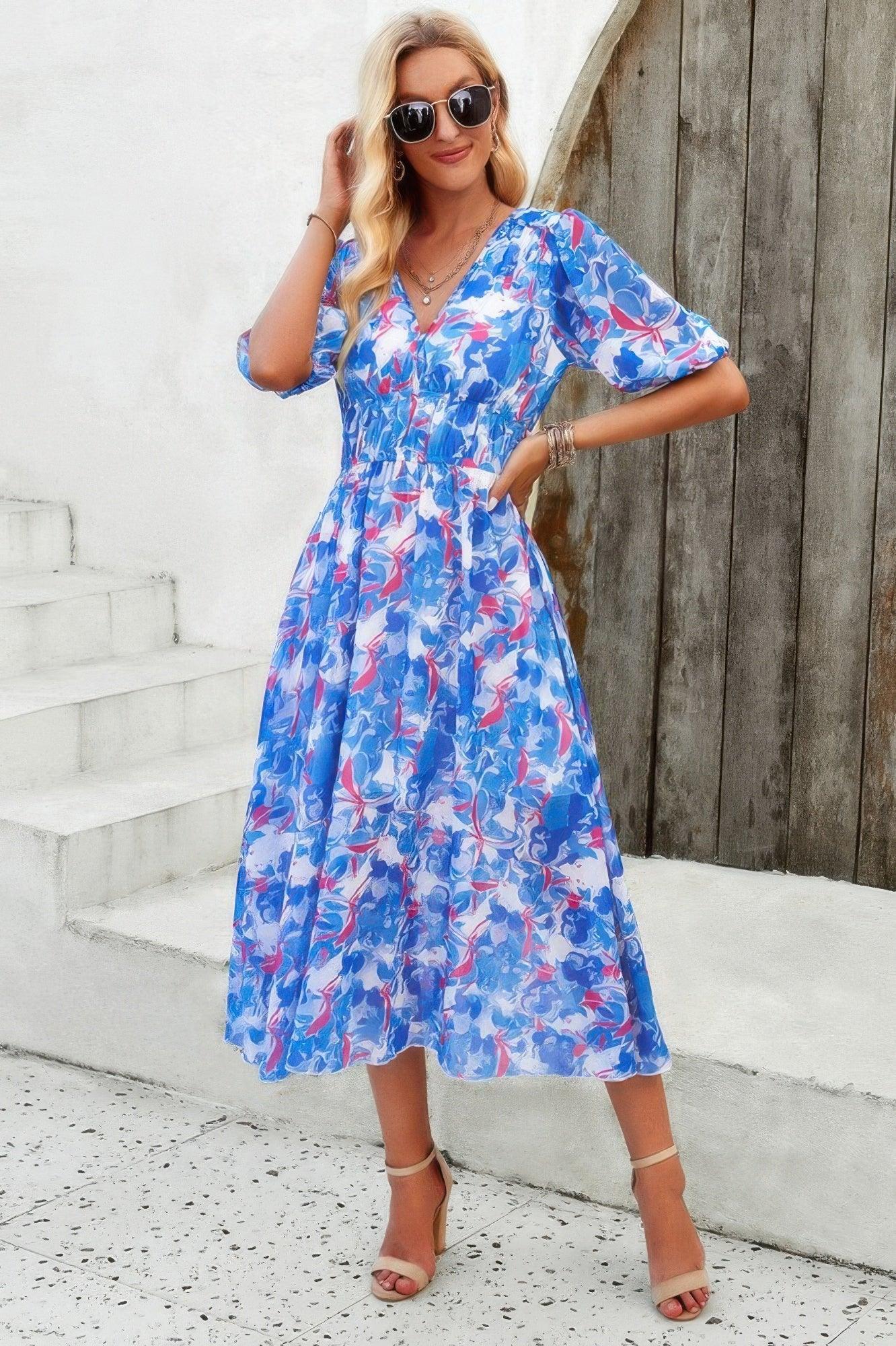 Floral V Neck Puffed Sleeve High Waist Dress | Mixtshop LLC