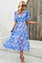 Floral V Neck Puffed Sleeve High Waist Dress | Mixtshop LLC