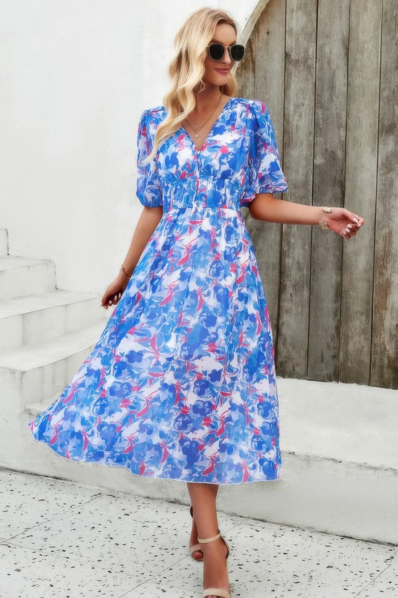 Floral V Neck Puffed Sleeve High Waist Dress | Mixtshop LLC