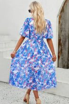 Floral V Neck Puffed Sleeve High Waist Dress | Mixtshop LLC