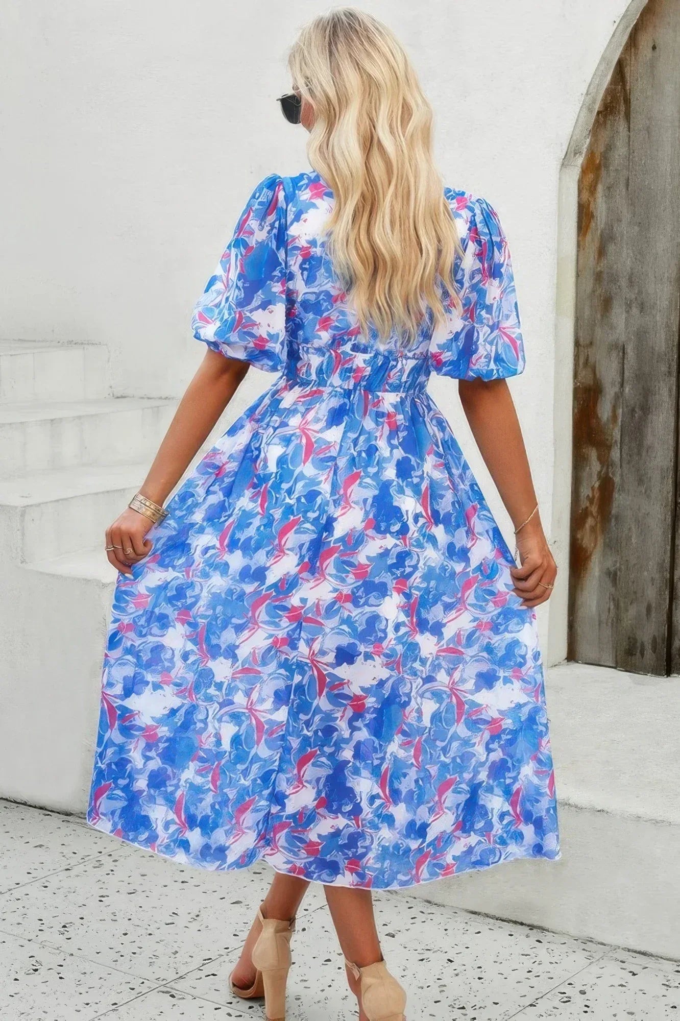 Floral V Neck Puffed Sleeve High Waist Dress | Mixtshop LLC