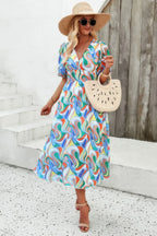 Floral V Neck Puffed Sleeve High Waist Dress | Mixtshop LLC