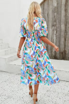 Floral V Neck Puffed Sleeve High Waist Dress | Mixtshop LLC