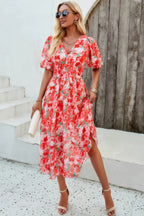 Floral V Neck Puffed Sleeve High Waist Dress | Mixtshop LLC