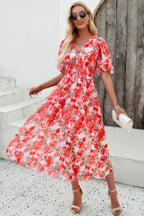Floral V Neck Puffed Sleeve High Waist Dress | Mixtshop LLC