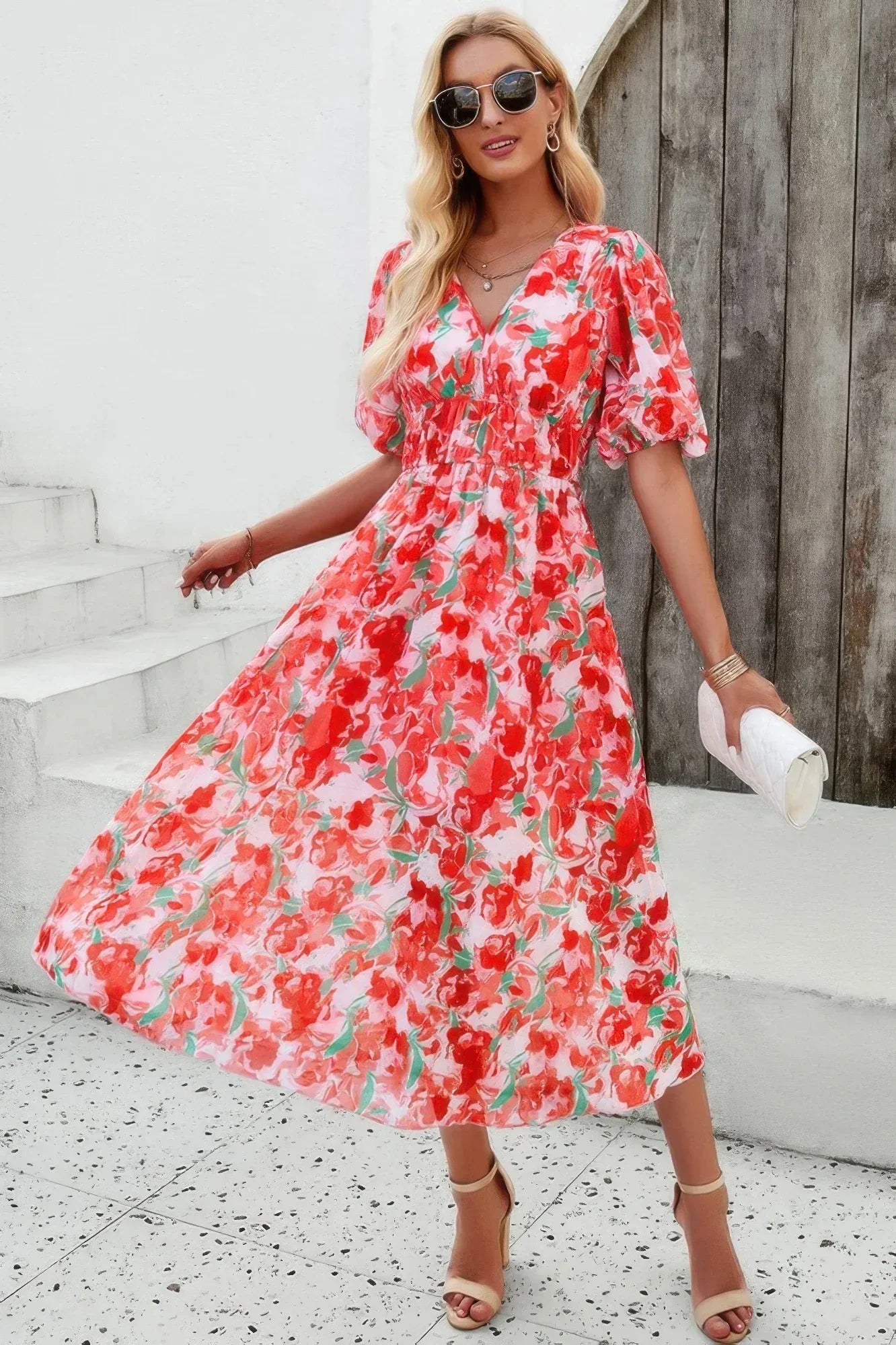 Floral V Neck Puffed Sleeve High Waist Dress | Mixtshop LLC