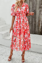 Floral V Neck Puffed Sleeve High Waist Dress | Mixtshop LLC