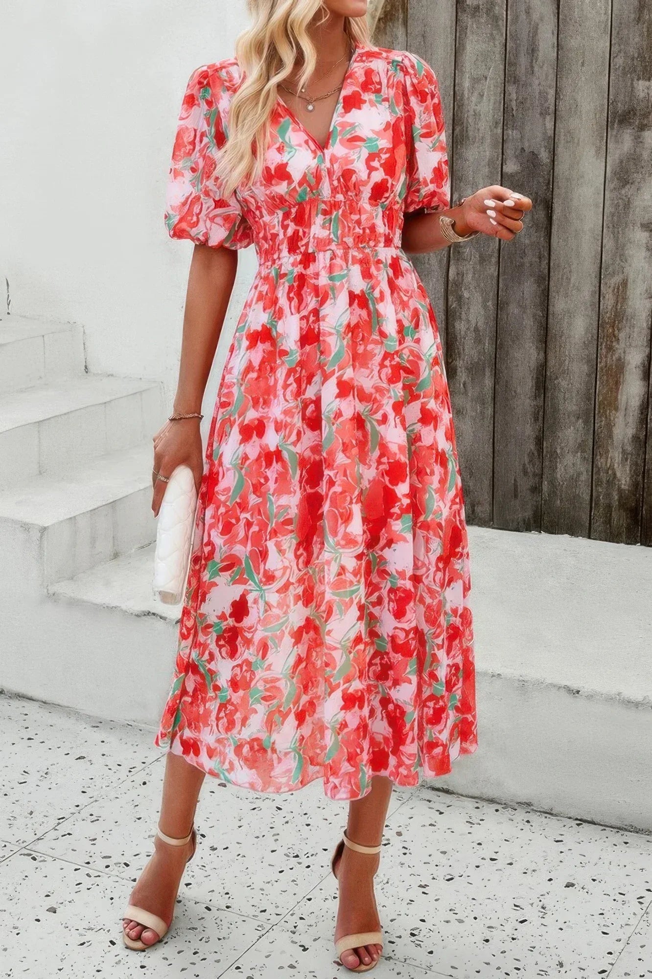 Floral V Neck Puffed Sleeve High Waist Dress | Mixtshop LLC