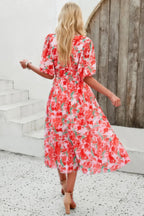 Floral V Neck Puffed Sleeve High Waist Dress | Mixtshop LLC