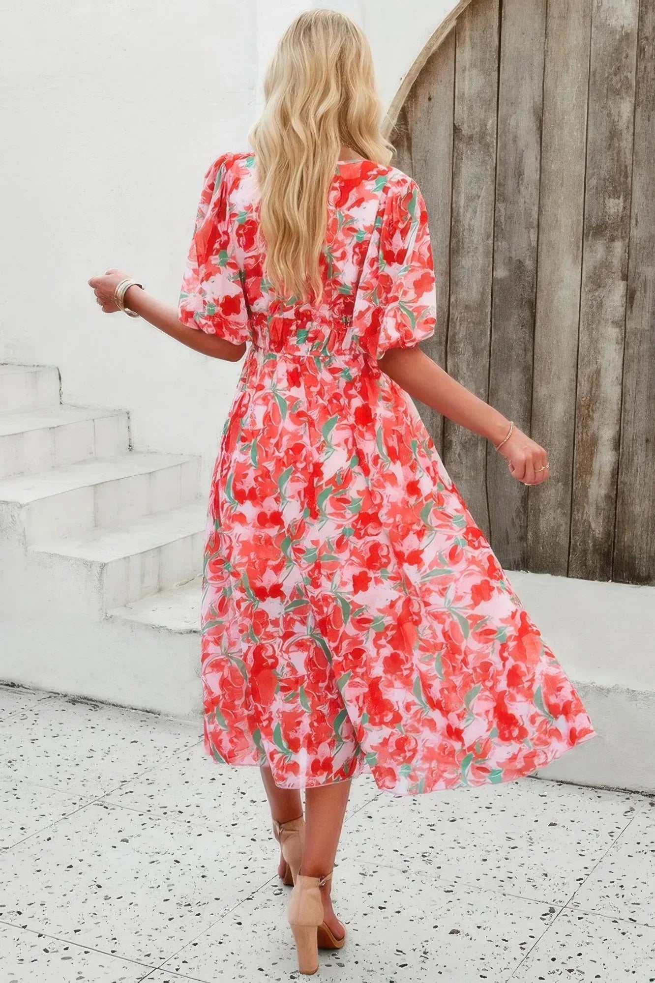 Floral V Neck Puffed Sleeve High Waist Dress | Mixtshop LLC