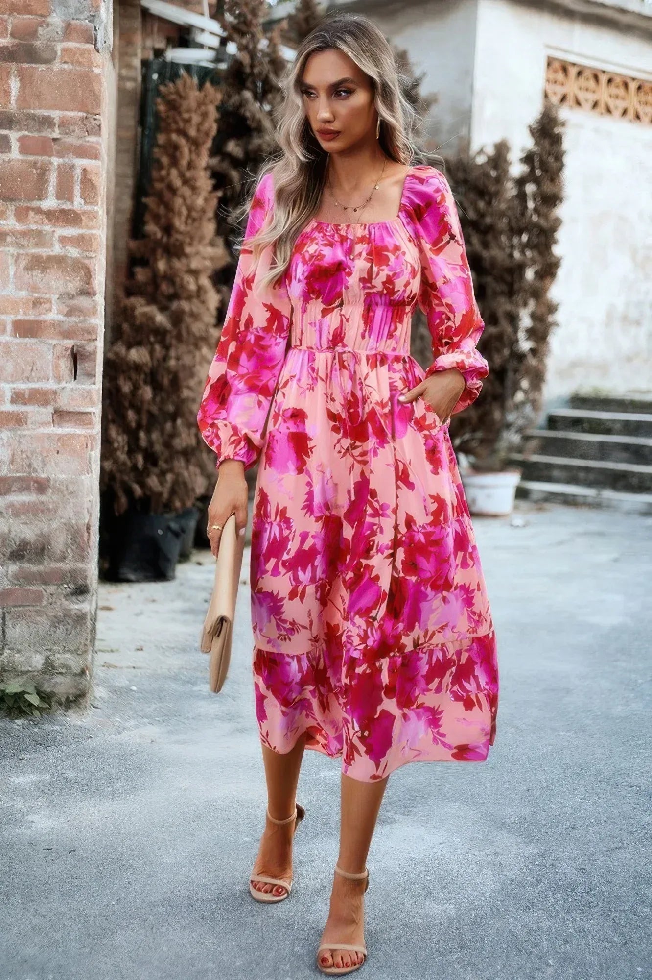 Floral High Elastic Waist Square Neck Pocket Dress | Mixtshop LLC