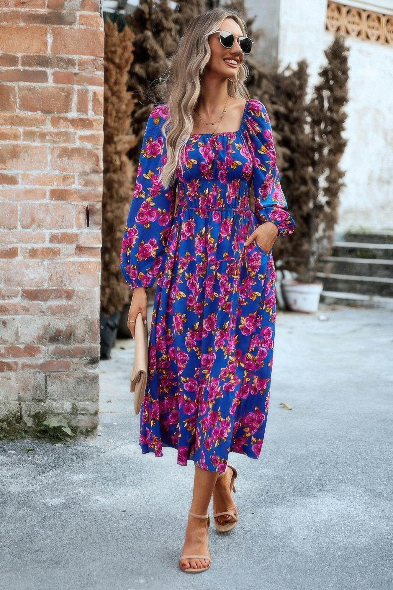 Floral High Elastic Waist Square Neck Pocket Dress | Mixtshop LLC