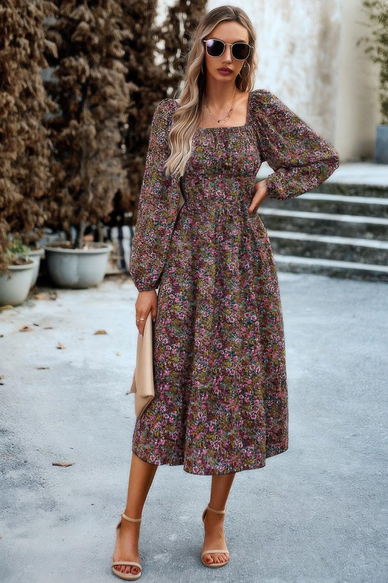 Floral High Elastic Waist Square Neck Pocket Dress | Mixtshop LLC