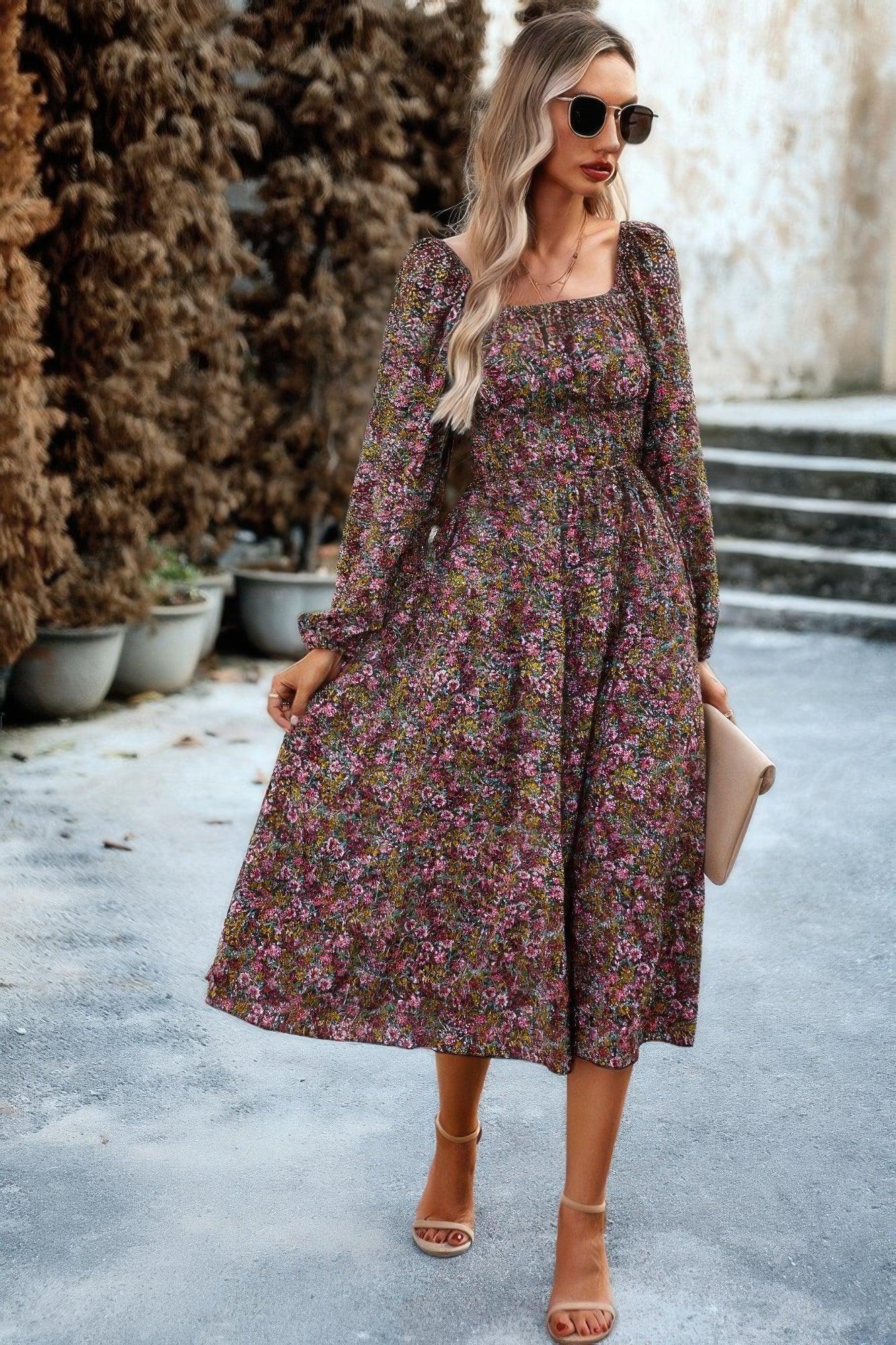 Floral High Elastic Waist Square Neck Pocket Dress | Mixtshop LLC