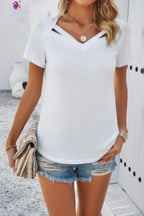 Solid V Neck Cut Out Short Sleeve Loose Shirt | Mixtshop LLC