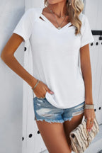 Solid V Neck Cut Out Short Sleeve Loose Shirt | Mixtshop LLC