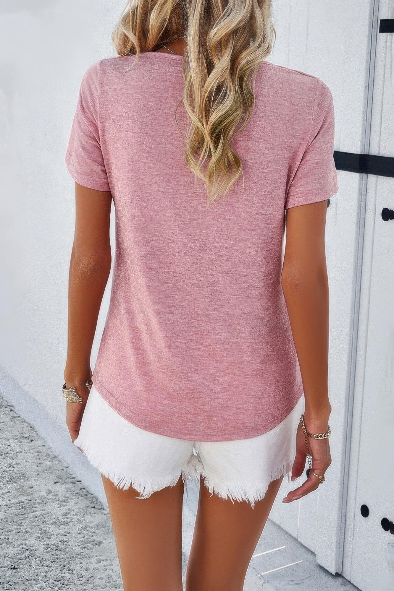 Solid V Neck Cut Out Short Sleeve Loose Shirt | Mixtshop LLC