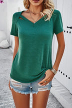 Solid V Neck Cut Out Short Sleeve Loose Shirt | Mixtshop LLC