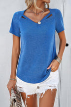 Solid V Neck Cut Out Short Sleeve Loose Shirt | Mixtshop LLC