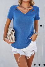 Solid V Neck Cut Out Short Sleeve Loose Shirt | Mixtshop LLC