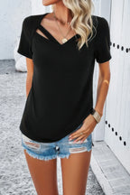 Solid V Neck Cut Out Short Sleeve Loose Shirt | Mixtshop LLC