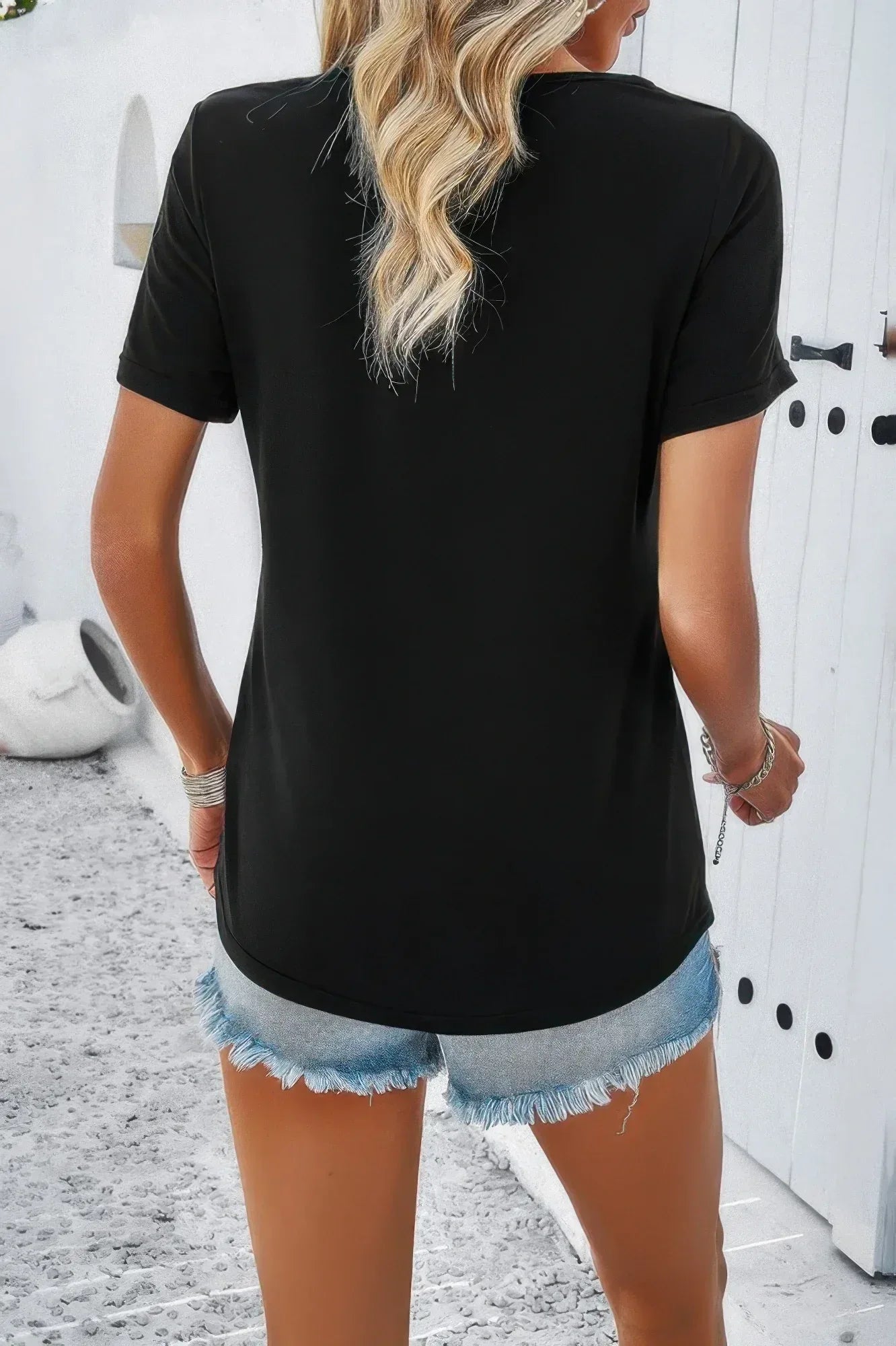 Solid V Neck Cut Out Short Sleeve Loose Shirt | Mixtshop LLC