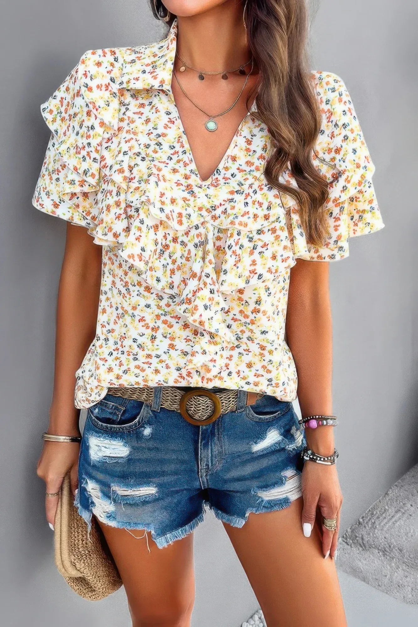 Floral Printed Ruffle Sleeve V Neck Loose Blouse | Mixtshop LLC