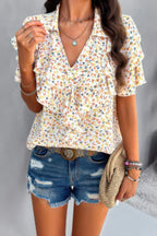 Floral Printed Ruffle Sleeve V Neck Loose Blouse | Mixtshop LLC