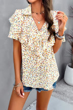 Floral Printed Ruffle Sleeve V Neck Loose Blouse | Mixtshop LLC