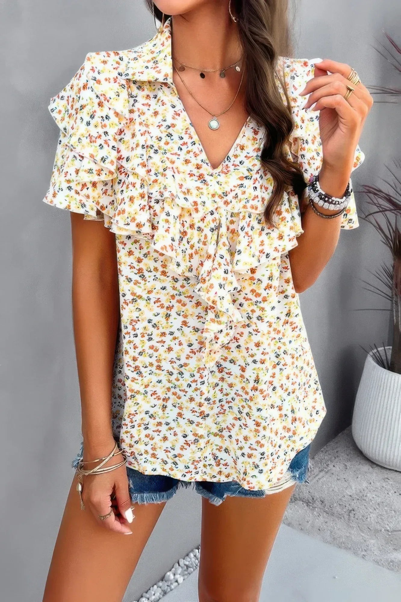 Floral Printed Ruffle Sleeve V Neck Loose Blouse | Mixtshop LLC