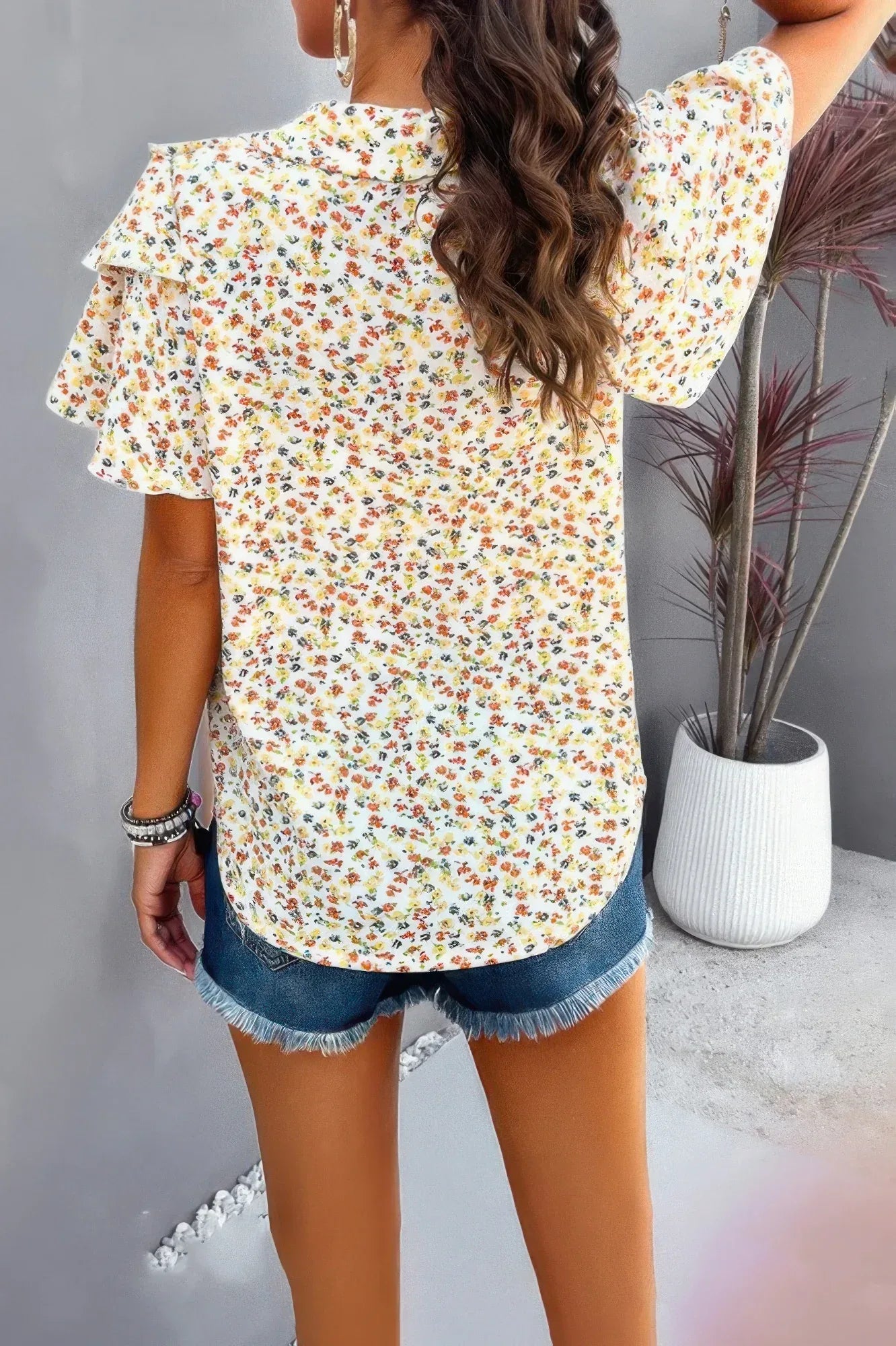 Floral Printed Ruffle Sleeve V Neck Loose Blouse | Mixtshop LLC